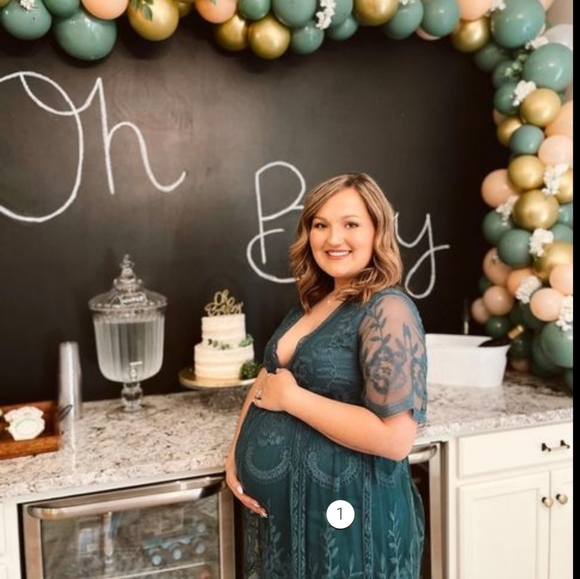 PinkBlush Maternity picture, baby shower dress. Emerald Green lace mesh overlay - Picture 5 of 5